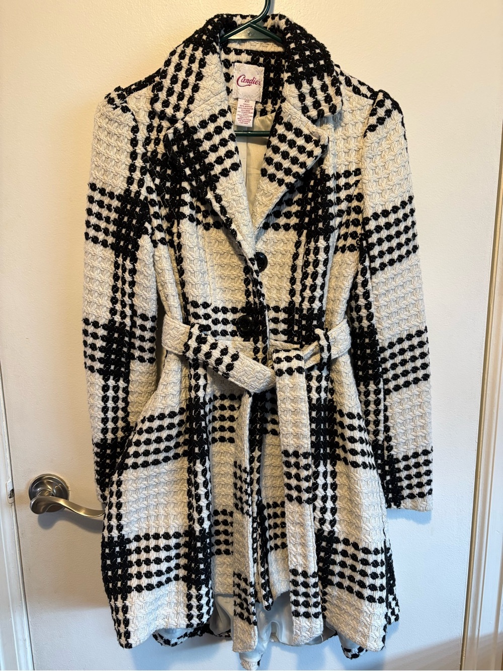 Candie's Black and White Plaid Belted Trench Coat